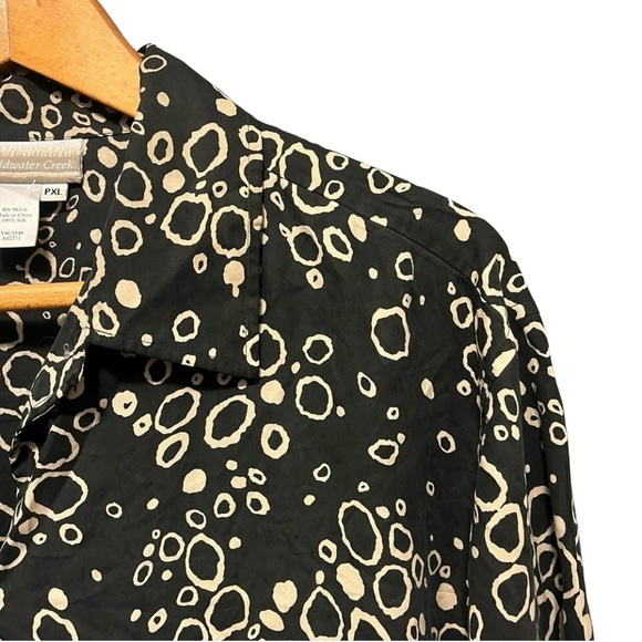 Vintage 90s 100% silk button down blouse black tan abstract PXL - Picture 4 of 9